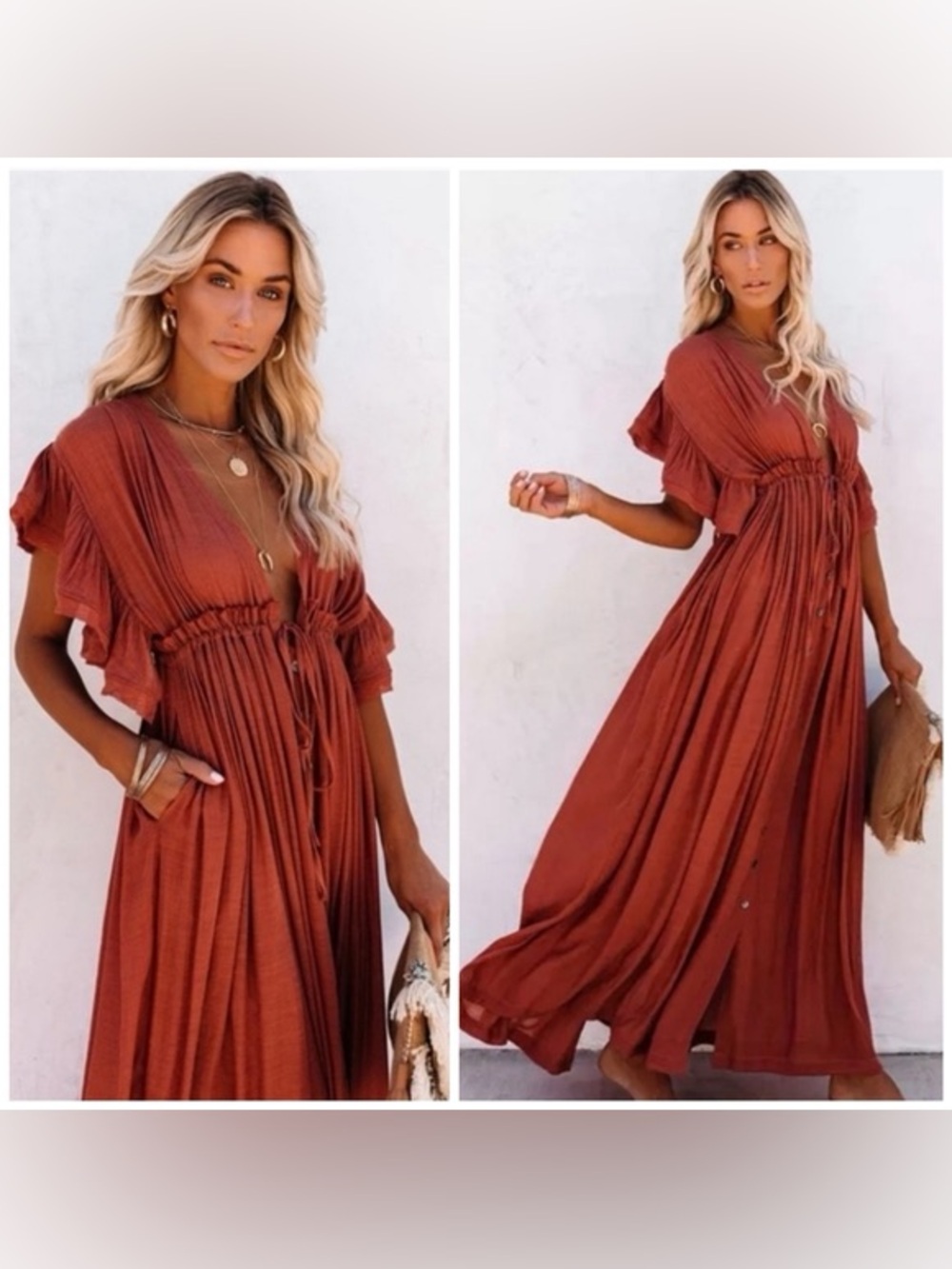 NWT Flawless Rust Boho Button Front Flutter Sleeve Maxi Dress Small
